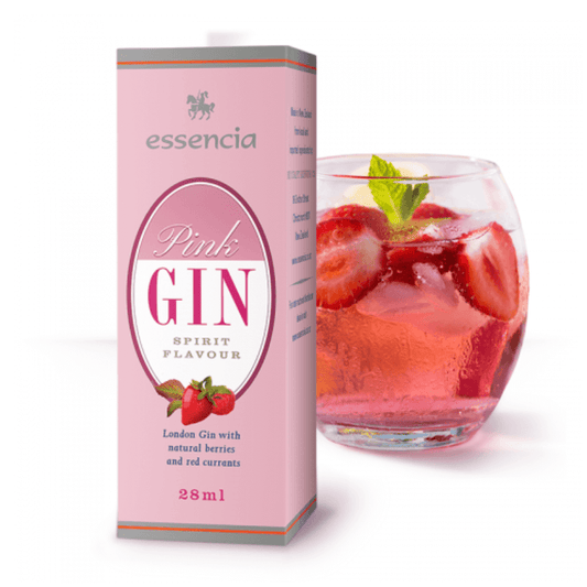 delish pink gin cocktail next to spirit essence box