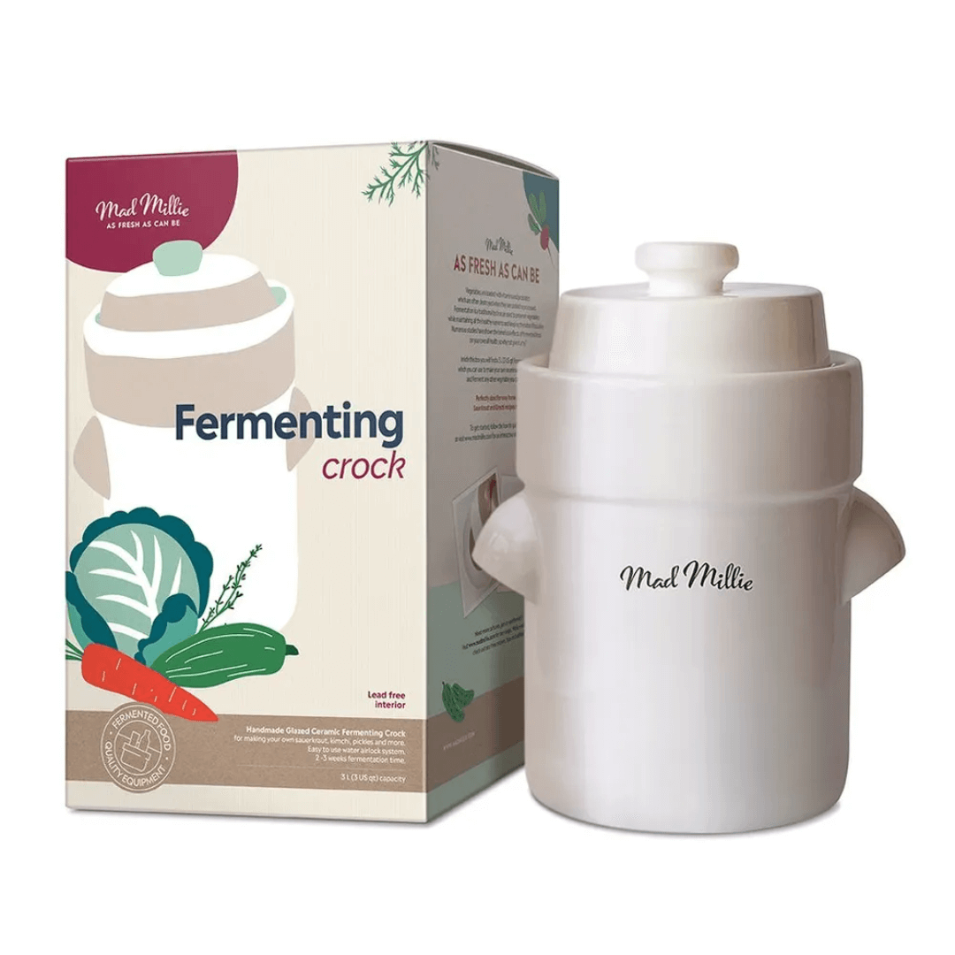 white ceramic crock jar with lid in gift box