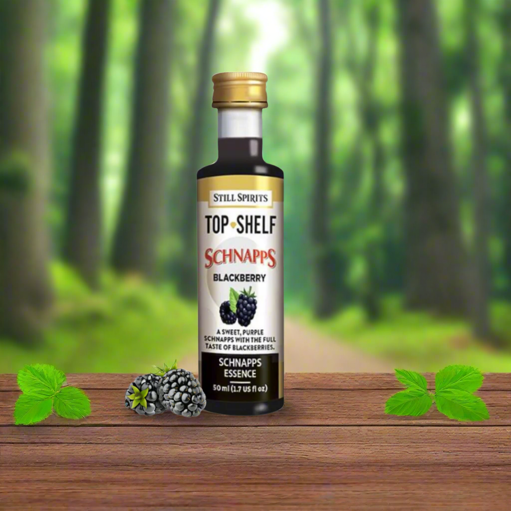 50 ml bottle with dark liquid inside, picture of blackberry on label