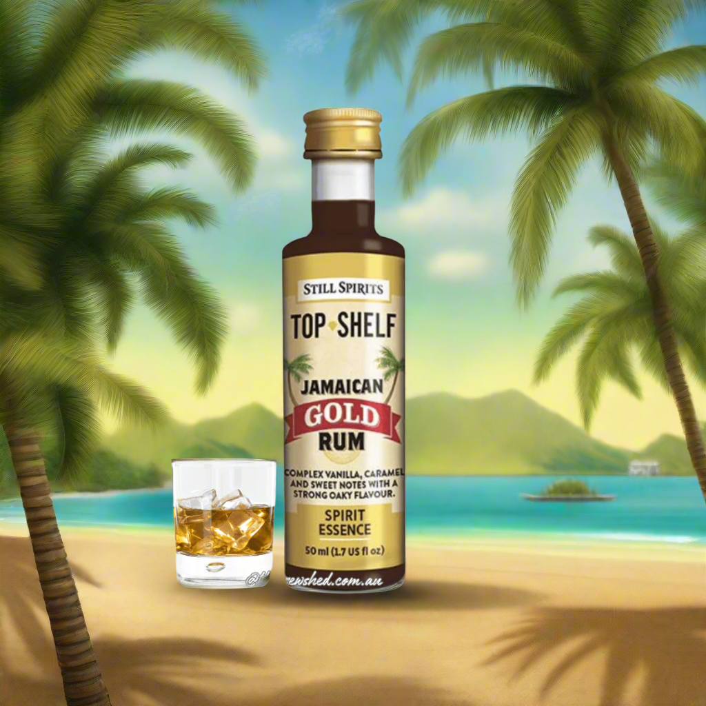 golden coloured liquid inside a clear bottle, the label has palm trees on the front