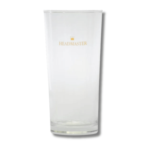clear glass with headmaster branding on it
