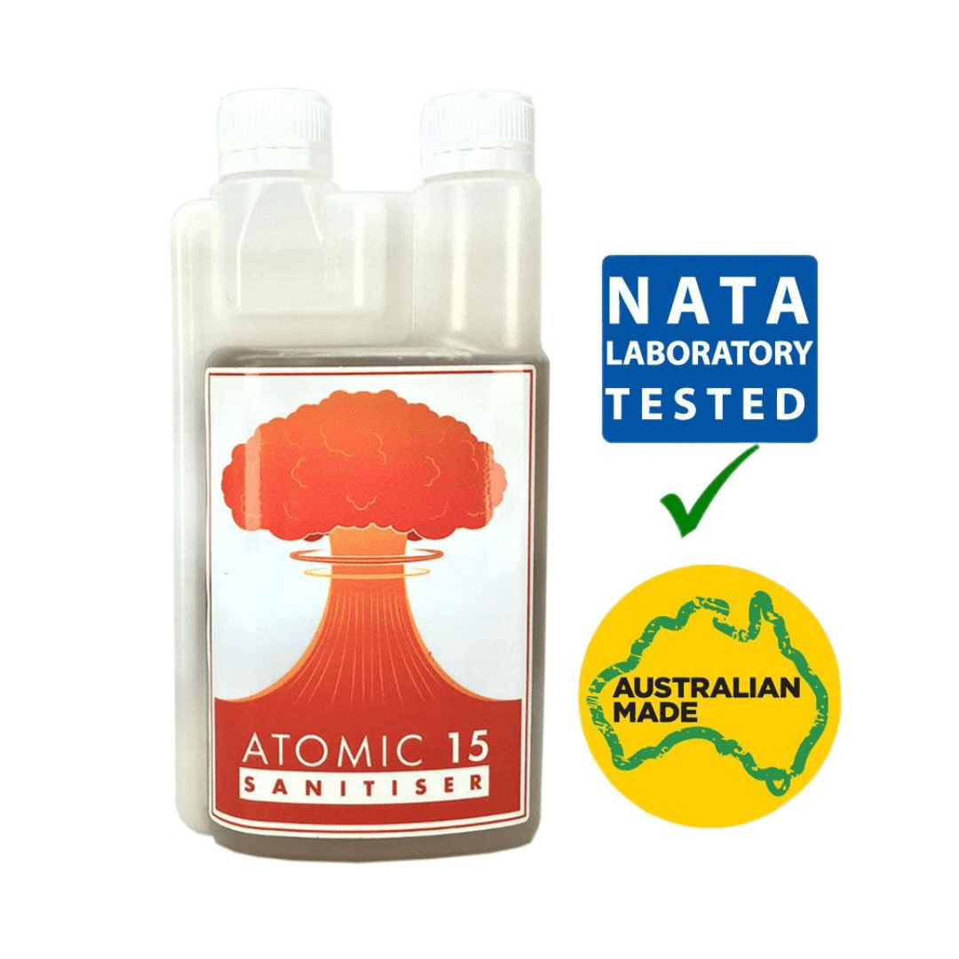 measure bottle with atomic cloud logo