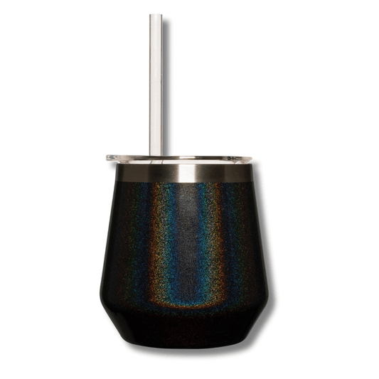 sparkly black wine cup with straw