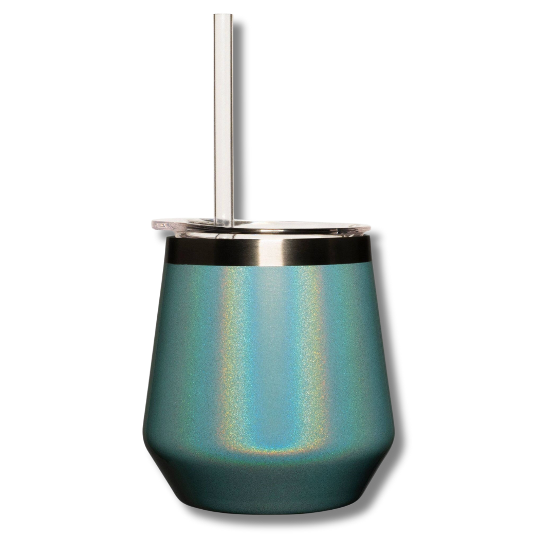 blue sparkly insulated cocktail cup with straw