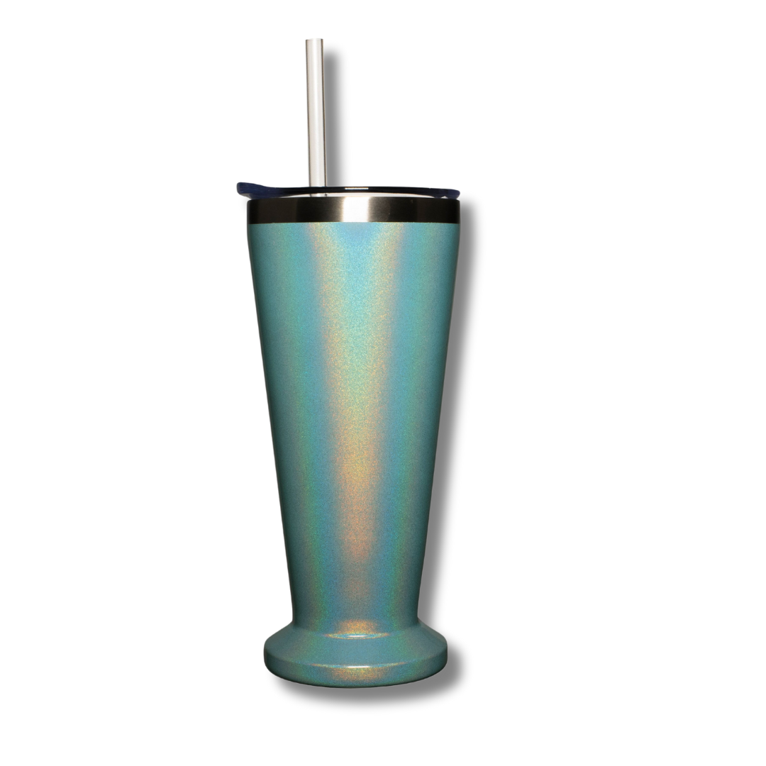 blue sparkly insulated cocktail cup with straw