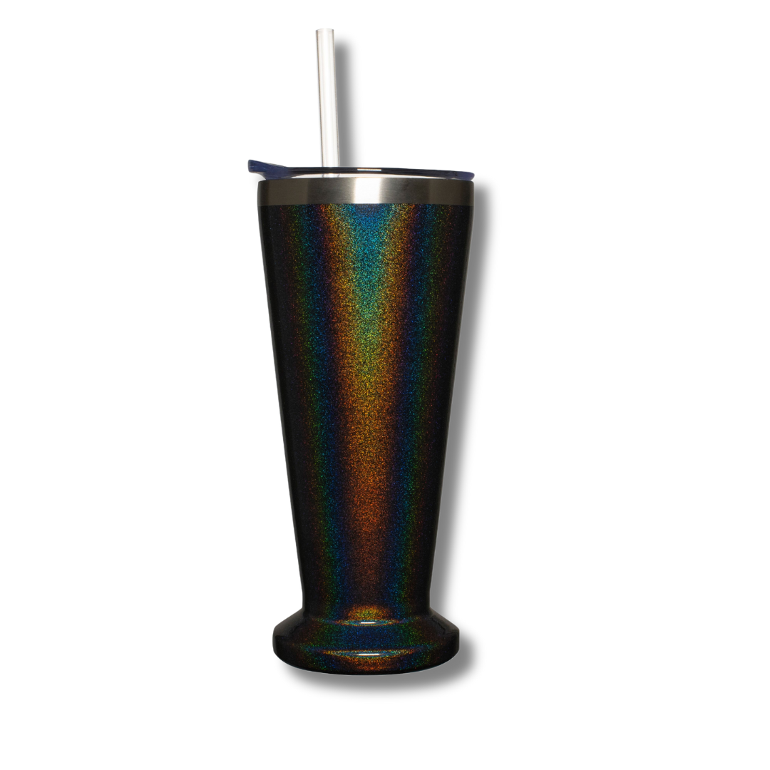 black sparkly insulated cocktail cup with straw