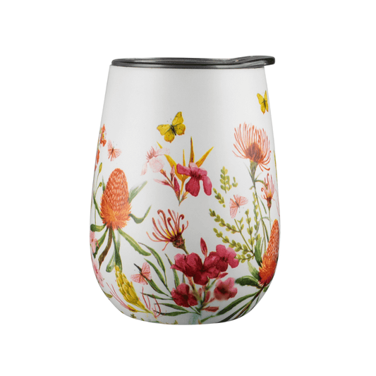 white cup with beautiful flowers and butterflies on it
