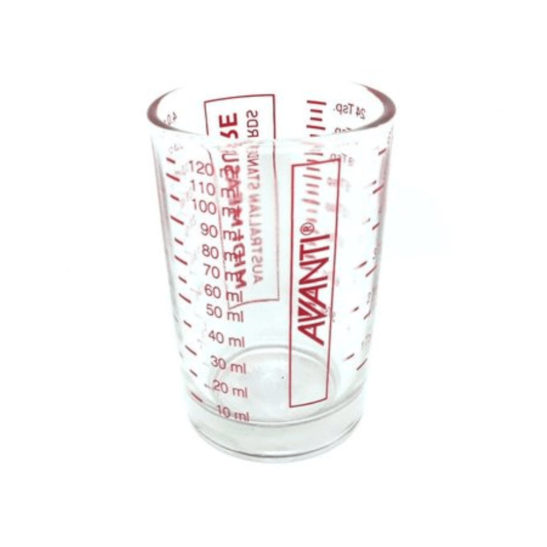clear glass with redmeasuremnt markings for liquids