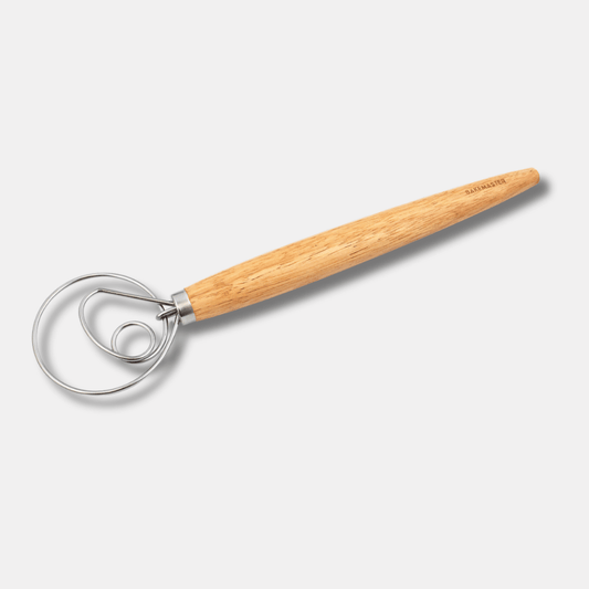 long wooden handled dough whisk with curly steel end
