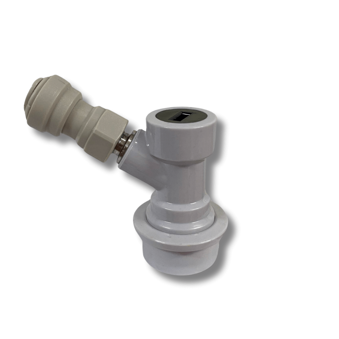 grey plastic connection for home brew beer keg with push on hose fitting