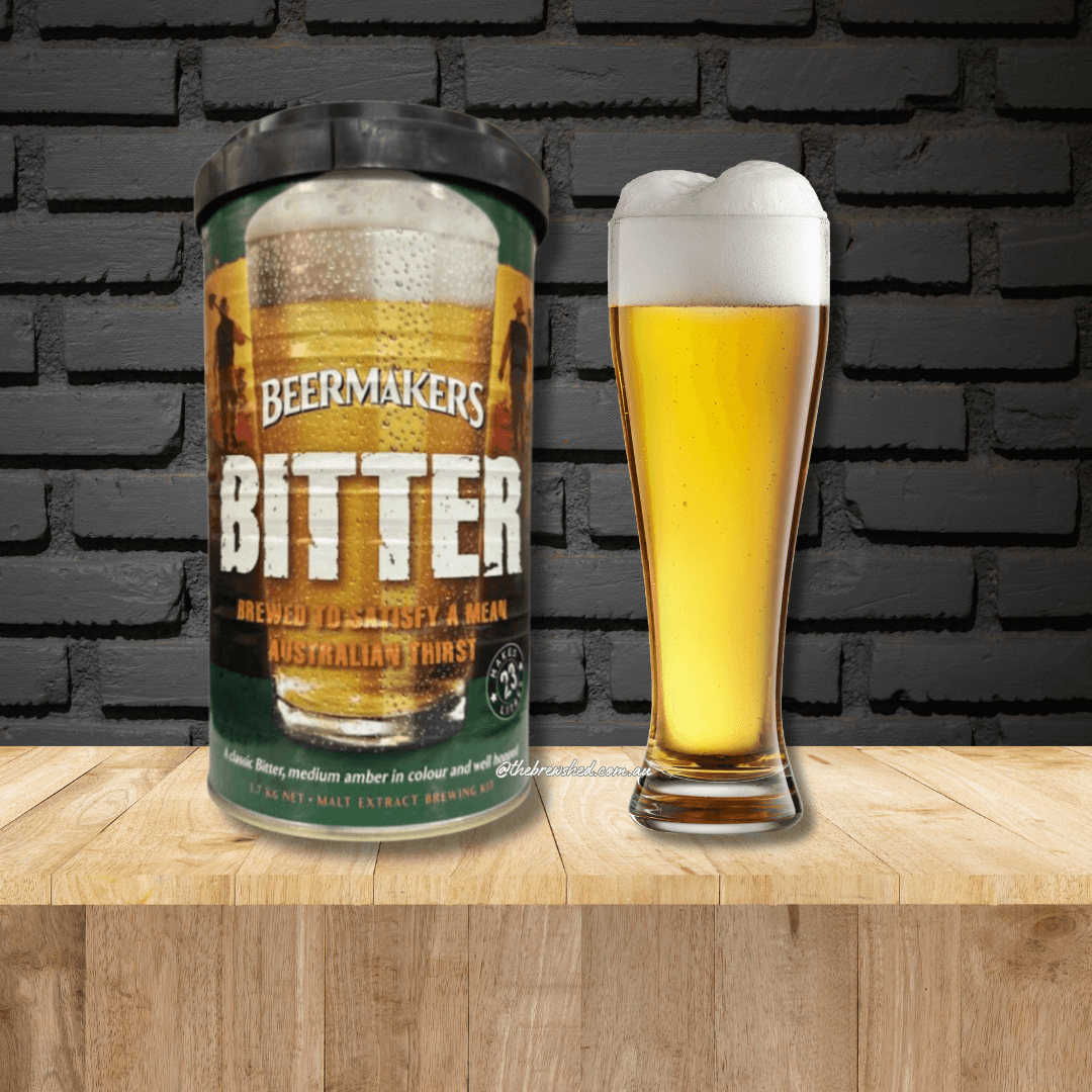 green can of bitter beer extract with glass of beer beside