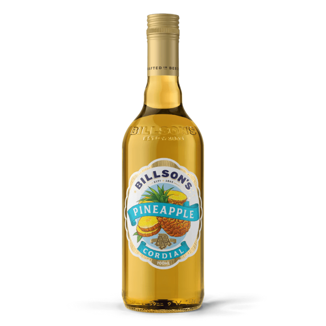 glass bottle with yellow liquid and pineapple on label