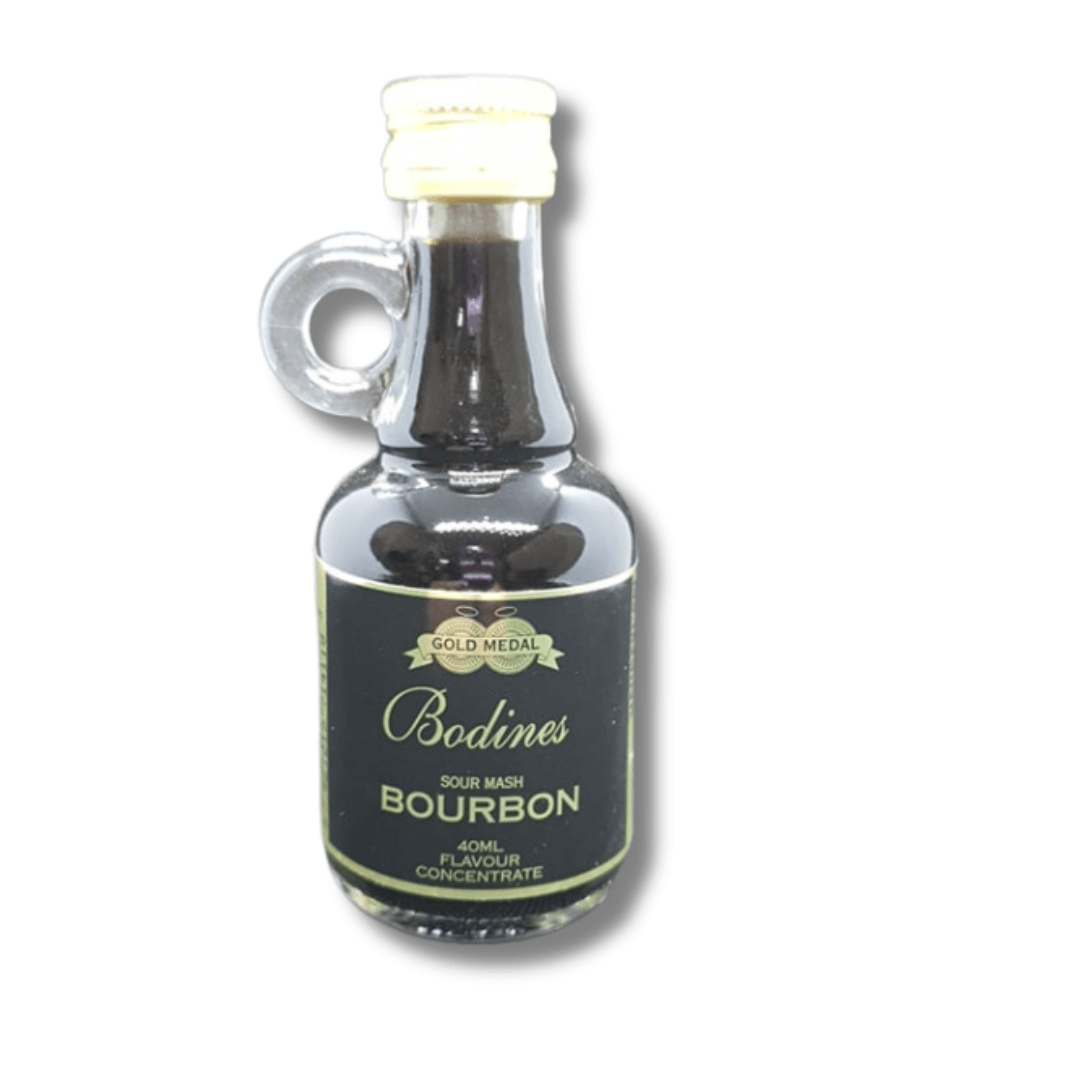 tiny glass bottle with cute handle filled with dark coloured Bourbon spirit essence