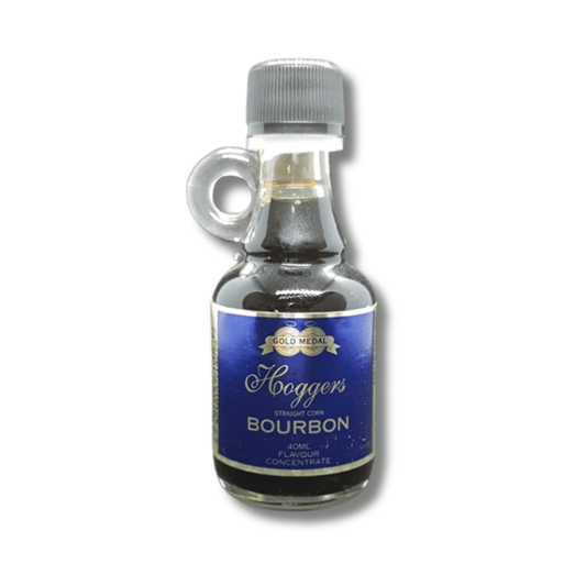 tiny glass bottle with cute handle filled with dark coloured Bourbon spirit essence