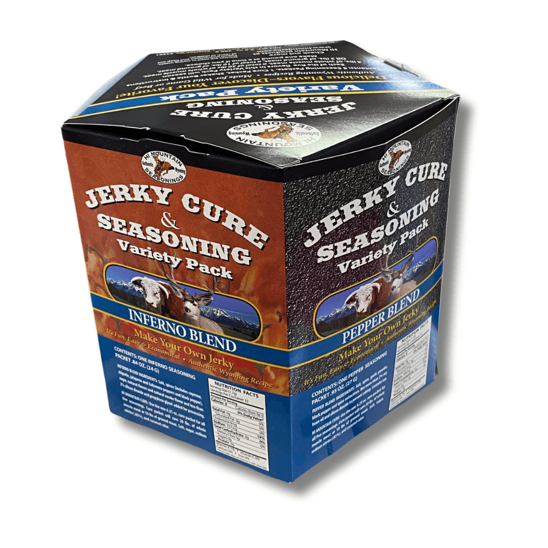 hexagonal box with five different jerky seasoning flavours