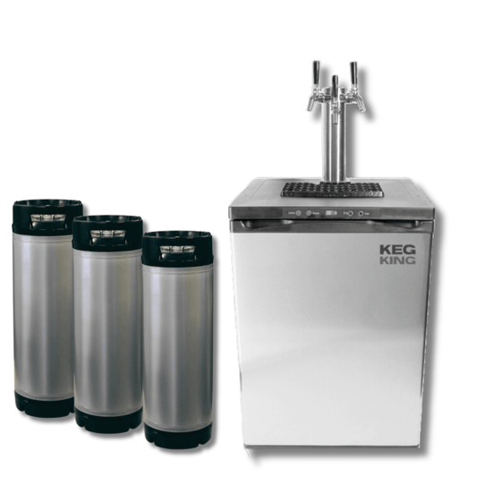 stainless steel fridge with taps and kegs