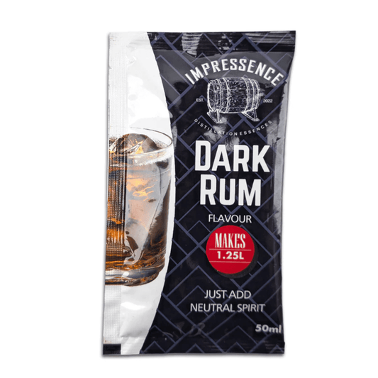 black and white sachet of dark rum spirit essence for homebrewing