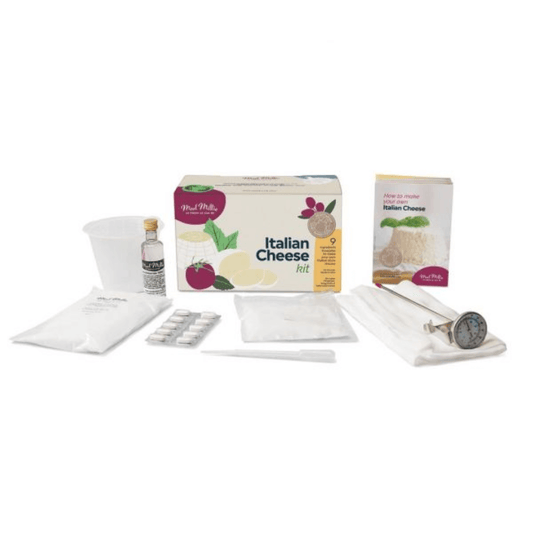 ingredients and equipment to make cheese in a kit form