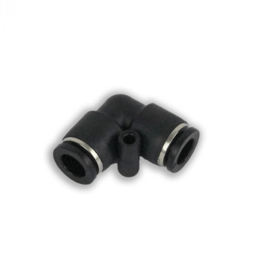 black plastic hose joiner with a ninety degree angle