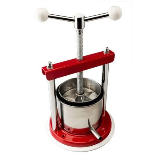 small fruit press with red enamel and stainless steel