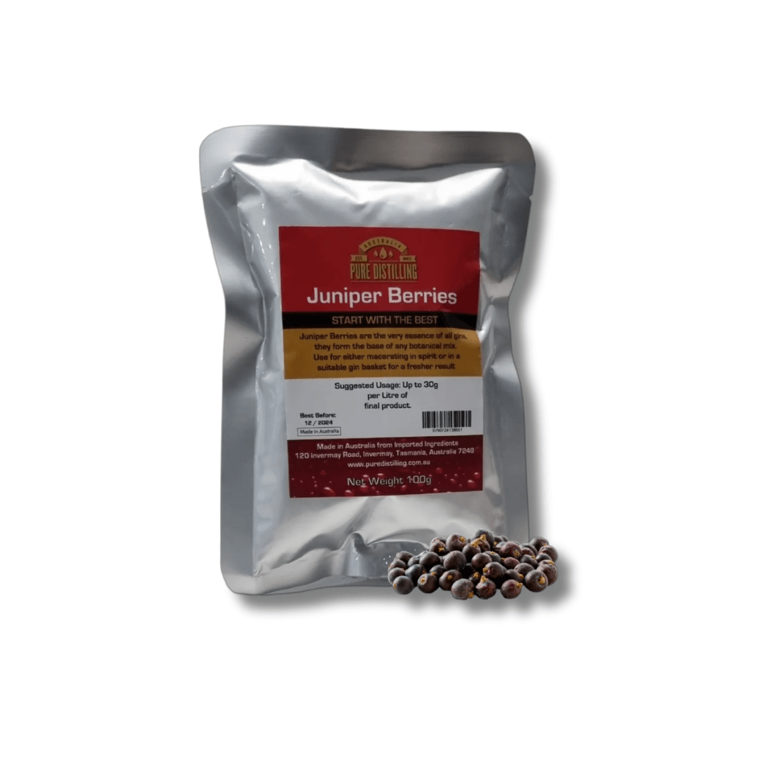 silver foil packet with dried juniper berries at the base