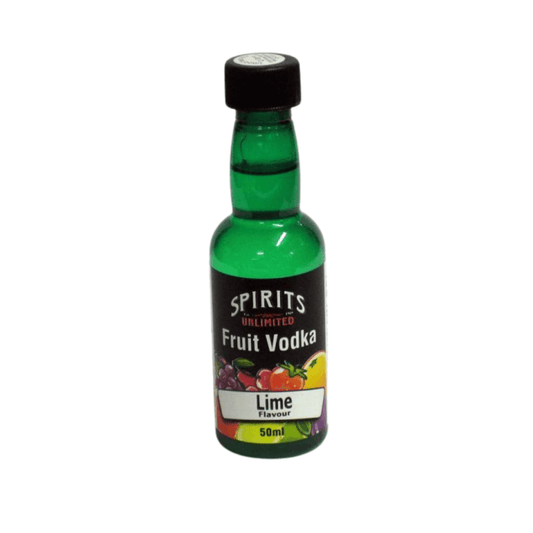 fruity lebel on lime green bottle of spirit essence for home distilling