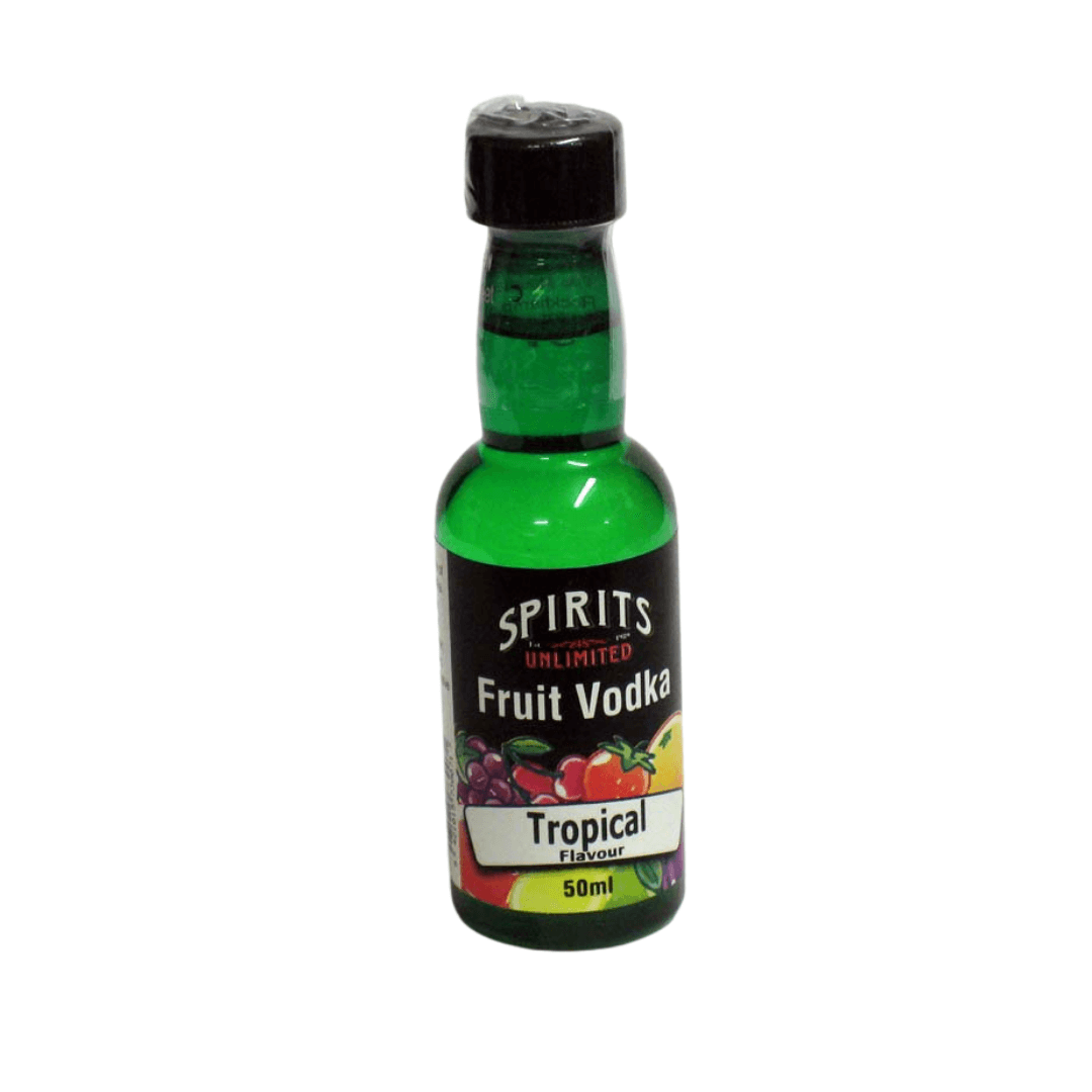 fruity label on lime green bottle of spirit essence for home distilling