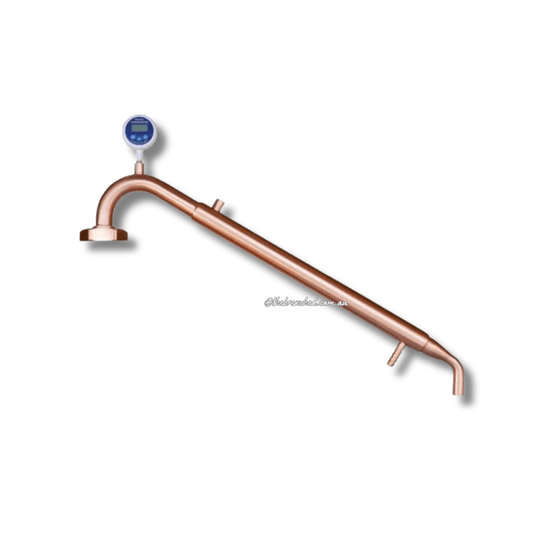 copper coloured tube with a thermometer in the top bend