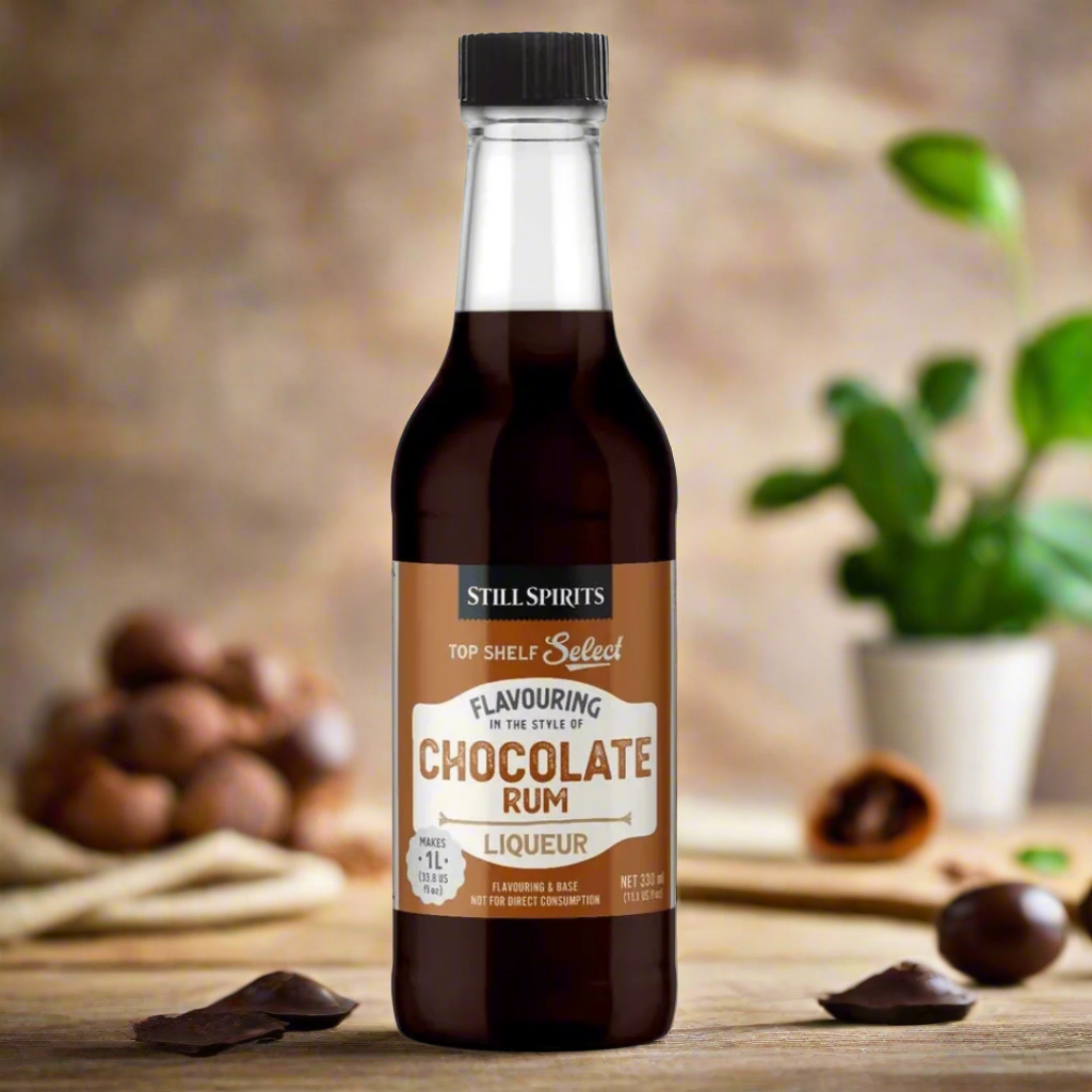 glass bottle with premix home brew chocolate rum liqueur