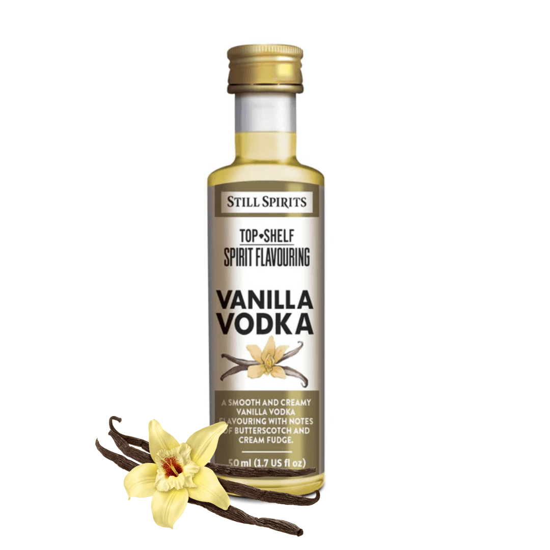 bottle of vanilla vodka essence with beautiful vanilla orchid and dried bean pod next to it