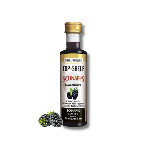 50 ml bottle with dark liquid inside, picture of blackberry on label