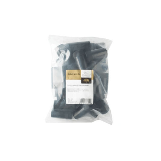 a clear bag with black plactic wine lids for home wine making